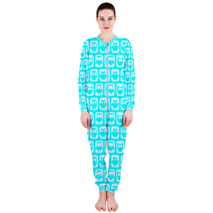 Aqua Turquoise And White Owl Pattern OnePiece Jumpsuit (Ladies)