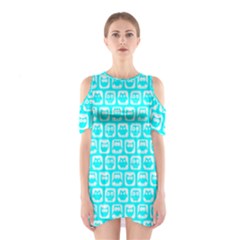 Aqua Turquoise And White Owl Pattern Shoulder Cutout One Piece Dress by GardenOfOphir