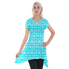 Aqua Turquoise And White Owl Pattern Short Sleeve Side Drop Tunic by GardenOfOphir