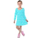 Aqua Turquoise And White Owl Pattern Kids  Long Sleeve Velvet Dress View1