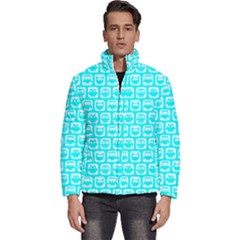 Aqua Turquoise And White Owl Pattern Men s Puffer Bubble Jacket Coat by GardenOfOphir