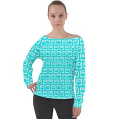 Aqua Turquoise And White Owl Pattern Off Shoulder Long Sleeve Velour Top by GardenOfOphir