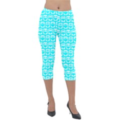 Aqua Turquoise And White Owl Pattern Lightweight Velour Capri Leggings  by GardenOfOphir