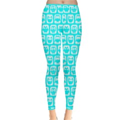 Aqua Turquoise And White Owl Pattern Inside Out Leggings by GardenOfOphir