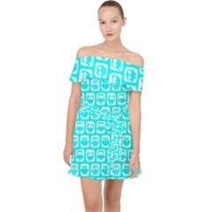 Aqua Turquoise And White Owl Pattern Off Shoulder Chiffon Dress by GardenOfOphir