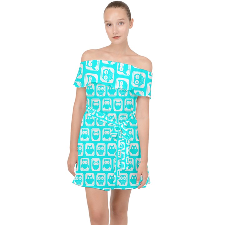 Aqua Turquoise And White Owl Pattern Off Shoulder Chiffon Dress