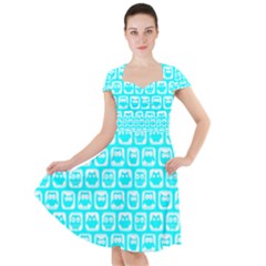 Aqua Turquoise And White Owl Pattern Cap Sleeve Midi Dress by GardenOfOphir