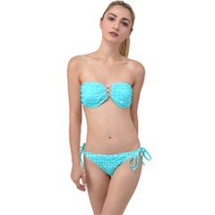 Aqua Turquoise And White Owl Pattern Twist Bandeau Bikini Set by GardenOfOphir