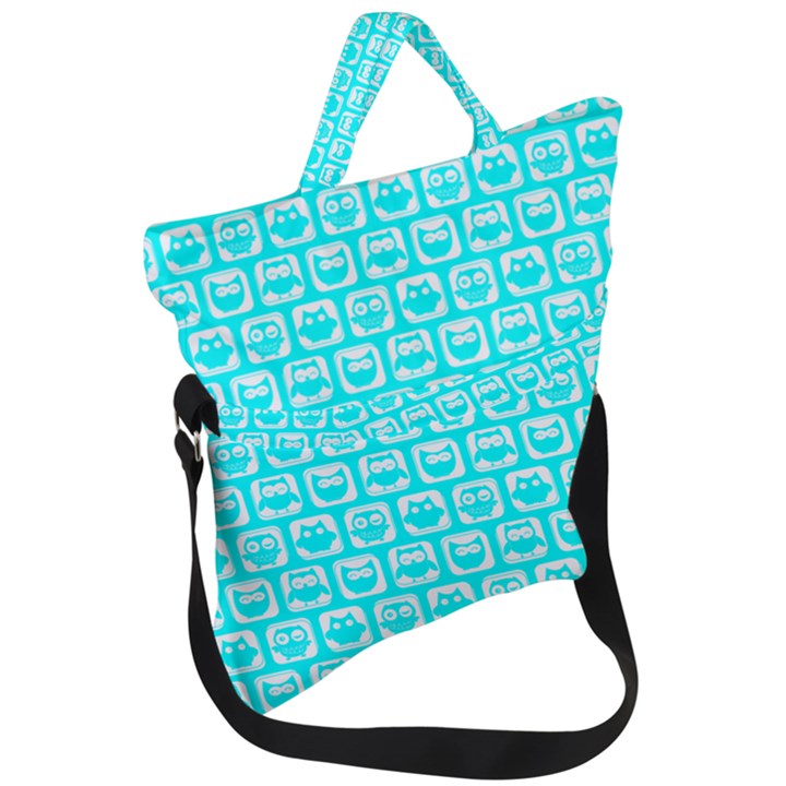 Aqua Turquoise And White Owl Pattern Fold Over Handle Tote Bag