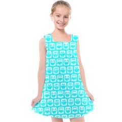 Aqua Turquoise And White Owl Pattern Kids  Cross Back Dress by GardenOfOphir