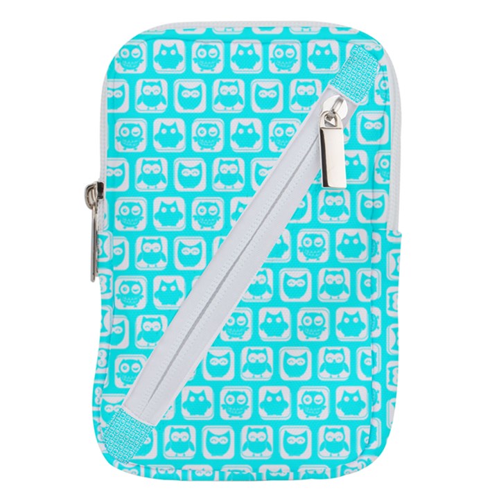 Aqua Turquoise And White Owl Pattern Belt Pouch Bag (Small)