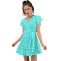 Aqua Turquoise And White Owl Pattern Flutter Sleeve Wrap Dress View1