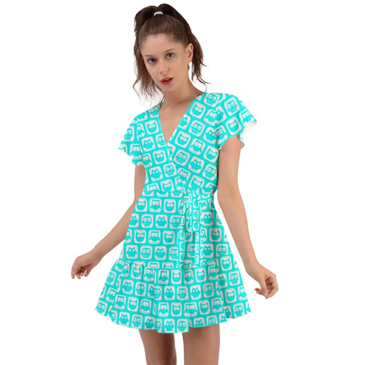 Aqua Turquoise And White Owl Pattern Flutter Sleeve Wrap Dress