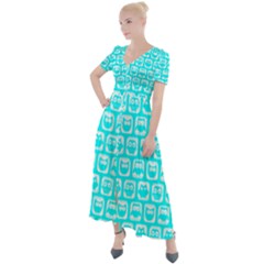 Aqua Turquoise And White Owl Pattern Button Up Short Sleeve Maxi Dress by GardenOfOphir