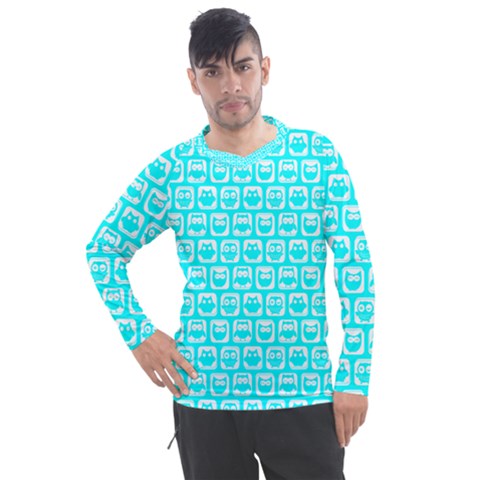 Aqua Turquoise And White Owl Pattern Men s Pique Long Sleeve Tee by GardenOfOphir