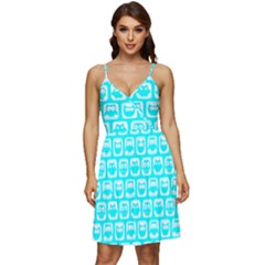 Aqua Turquoise And White Owl Pattern V-neck Pocket Summer Dress  by GardenOfOphir