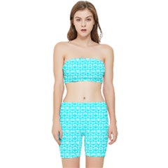 Aqua Turquoise And White Owl Pattern Stretch Shorts And Tube Top Set by GardenOfOphir