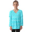 Aqua Turquoise And White Owl Pattern Kids  V Neck Casual Top View1