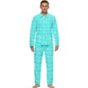 Aqua Turquoise And White Owl Pattern Men s Long Sleeve Velvet Pocket Pajamas Set View1