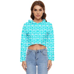 Aqua Turquoise And White Owl Pattern Women s Lightweight Cropped Hoodie by GardenOfOphir