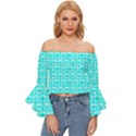 Aqua Turquoise And White Owl Pattern Off Shoulder Flutter Bell Sleeve Top View1