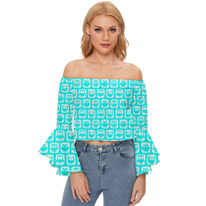 Aqua Turquoise And White Owl Pattern Off Shoulder Flutter Bell Sleeve Top