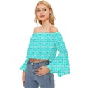 Aqua Turquoise And White Owl Pattern Off Shoulder Flutter Bell Sleeve Top View2