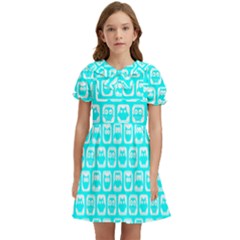 Aqua Turquoise And White Owl Pattern Kids  Bow Tie Puff Sleeve Dress by GardenOfOphir