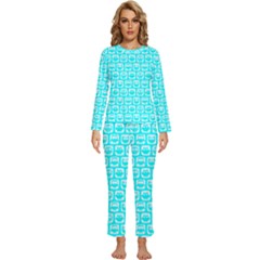 Aqua Turquoise And White Owl Pattern Womens  Long Sleeve Lightweight Pajamas Set by GardenOfOphir