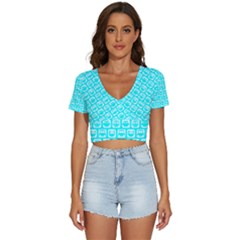 Aqua Turquoise And White Owl Pattern V-neck Crop Top by GardenOfOphir