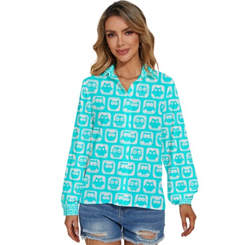 Aqua Turquoise And White Owl Pattern Women s Long Sleeve Button Down Shirt by GardenOfOphir