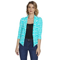 Aqua Turquoise And White Owl Pattern Women s Draped Front 3/4 Sleeve Shawl Collar Jacket by GardenOfOphir