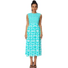 Aqua Turquoise And White Owl Pattern Sleeveless Round Neck Midi Dress by GardenOfOphir