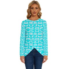 Aqua Turquoise And White Owl Pattern Long Sleeve Crew Neck Pullover Top by GardenOfOphir