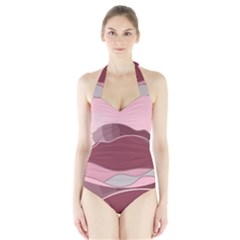 Hills Water Lake Sun Sunrise Lines Drawing Boho Halter Swimsuit by Ravend