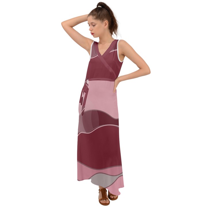 Hills Water Lake Sun Sunrise Lines Drawing Boho V-Neck Chiffon Maxi Dress