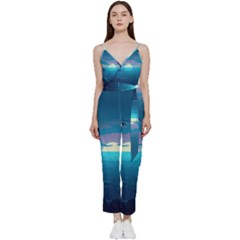 Ai Generated Ocean Sea Water Anime Nautical V-neck Spaghetti Strap Tie Front Jumpsuit by Ravend