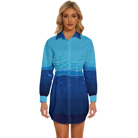 Ai Generated Ocean Sea Fish Underwater Water Womens Long Sleeve Shirt Dress by Ravend