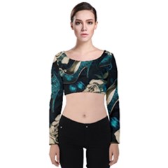 Glass Slipper Blues Fairytale Velvet Long Sleeve Crop Top by Ravend