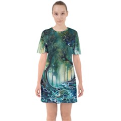 Trees Forest Mystical Forest Nature Sixties Short Sleeve Mini Dress by Ravend