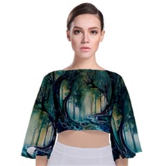 Trees Forest Mystical Forest Nature Tie Back Butterfly Sleeve Chiffon Top by Ravend