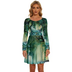 Trees Forest Mystical Forest Nature Long Sleeve Wide Neck Velvet Dress by Ravend