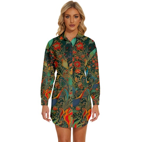 Ai Generated Flowers Trees Forest Mystical Forest Womens Long Sleeve Shirt Dress by Ravend