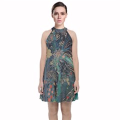 Ai Generated Flower Trees Forest Mystical Forest Velvet Halter Neckline Dress 