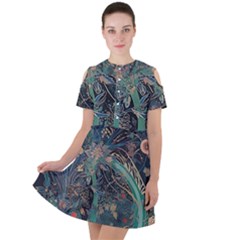 Ai Generated Flower Trees Forest Mystical Forest Short Sleeve Shoulder Cut Out Dress  by Ravend