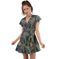 Ai Generated Flower Trees Forest Mystical Forest Flutter Sleeve Wrap Dress by Ravend