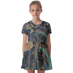 Ai Generated Flower Trees Forest Mystical Forest Kids  Short Sleeve Pinafore Style Dress