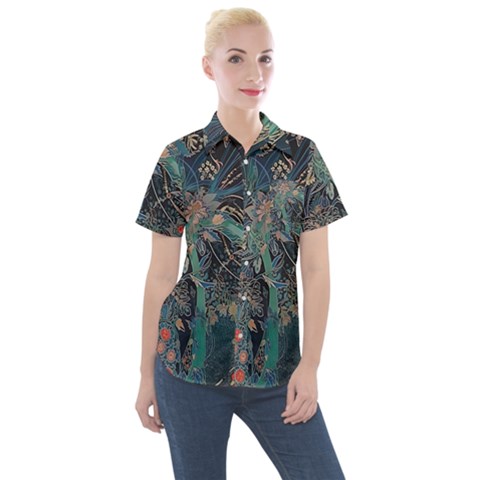 Ai Generated Flower Trees Forest Mystical Forest Women s Short Sleeve Pocket Shirt by Ravend