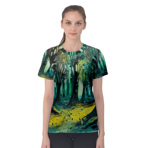 Ai Generated Trees Forest Mystical Forest Nature Art Women s Sport Mesh Tee by Ravend