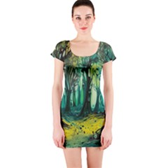 Ai Generated Trees Forest Mystical Forest Nature Art Short Sleeve Bodycon Dress by Ravend